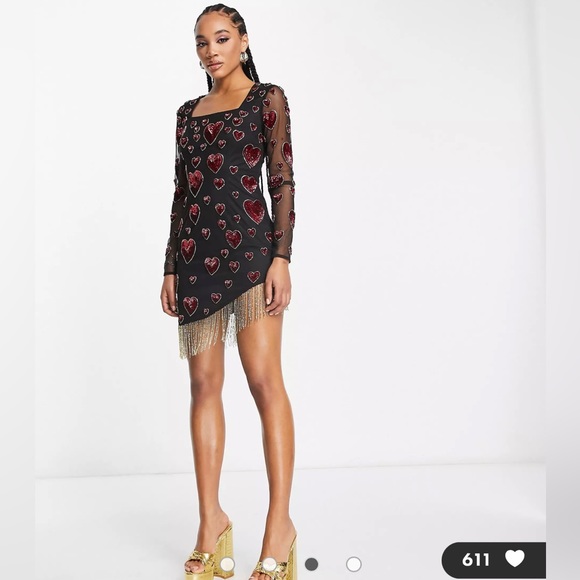 ASOS Starlet long sleeve mini dress with embellished hearts and gold fringe. - Picture 3 of 3